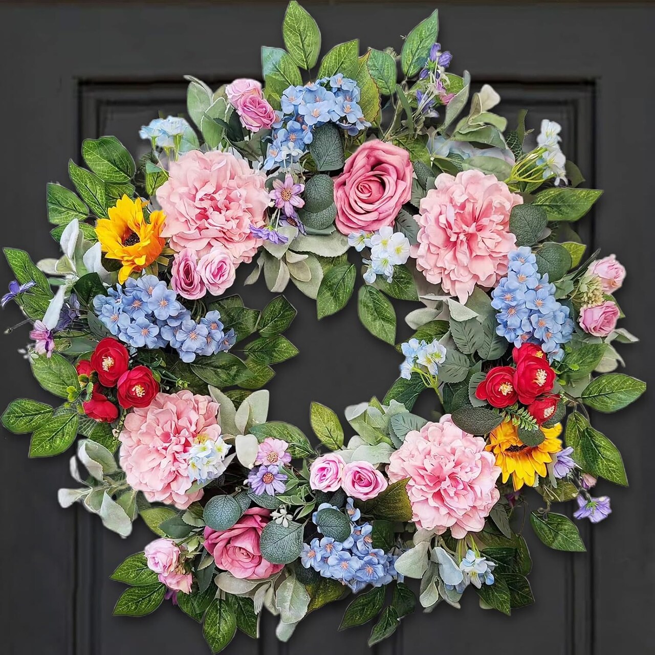 24 Inch Summer Wreaths for Front Door, Spring Summer Door Wreaths, Floral Flowers Wreath with Pink Peony,Rose,Blue Hydrangea,Sunflower,Large Wreaths for Spring Summer Outdoor Home Decor